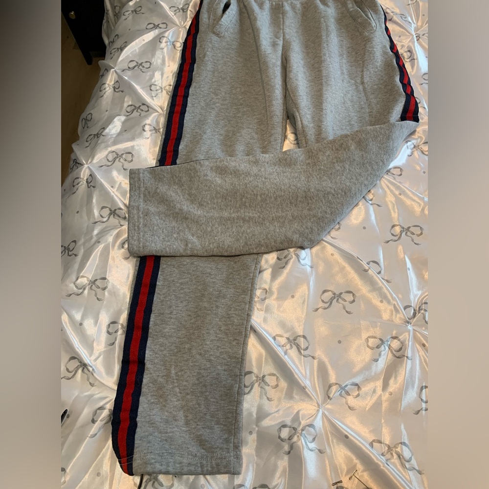 Gray Sweatpants with Red and Blue Stripes